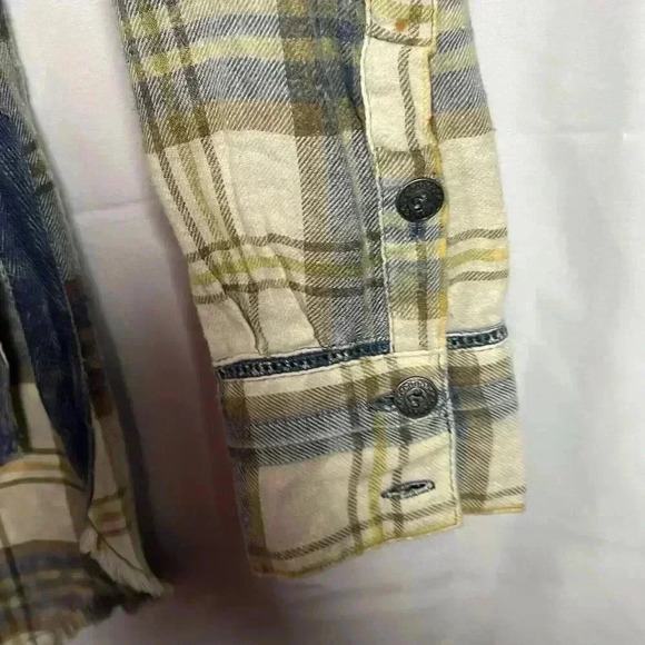 BKE flannel pleated button up long sleeve blouse womens XS 100% Cotton blue tan - Picture 5 of 9